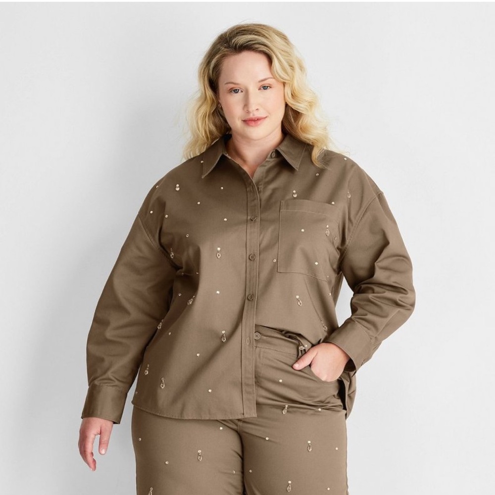 Future Collective Olive Button-Down Shirt with Embellishments NWT size 2X